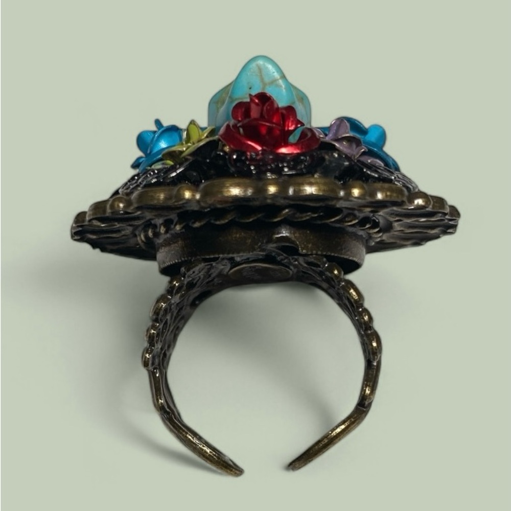 Vintage Ollipop USA Signed Dia de Los Muertos Filigree Brass Ring - Picture 7 of 10